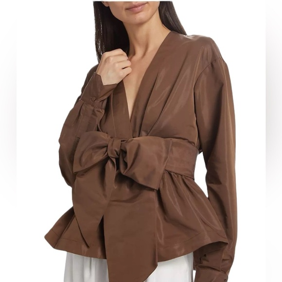 Silvia Tcherassi- NWT Brown Saanvi Bow-Embellished Taffeta Longsleeve Blouse